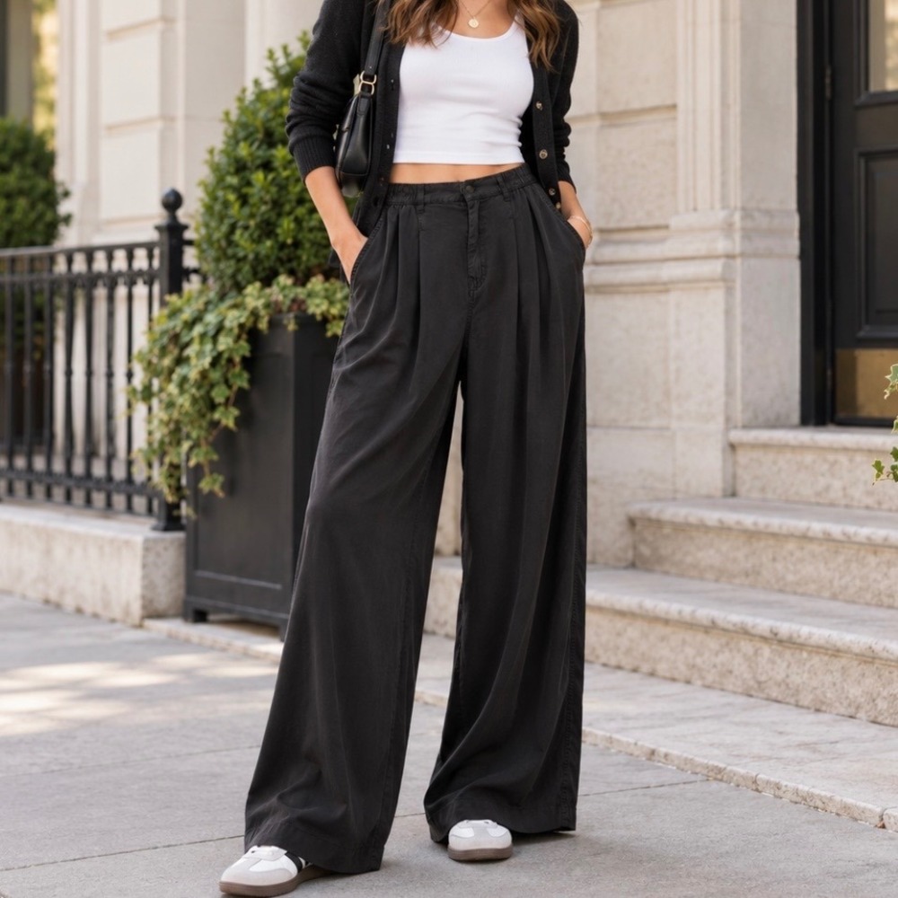 NWT Aerie Lyocell Pleated Wide Leg Trouser Pants L Reg Charcoal Zip Streetwear
